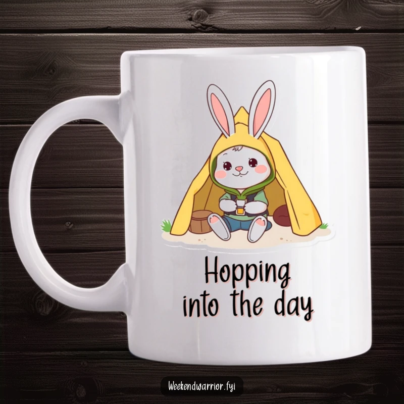 Funny mug featuring a cheerful rabbit in camping gear enthusiastically setting up a tent, celebrating outdoor fun.