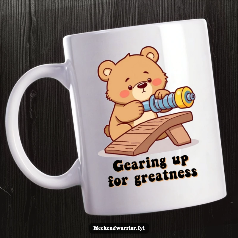 Funny mug showing a determined bear intently tightening a bolt on a makeshift ramp, embodying focus and effort.