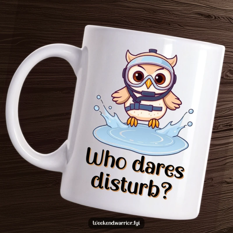 Funny mug depicting a determined owl in diving gear splashing into a tiny puddle, showcasing bravery and humor.