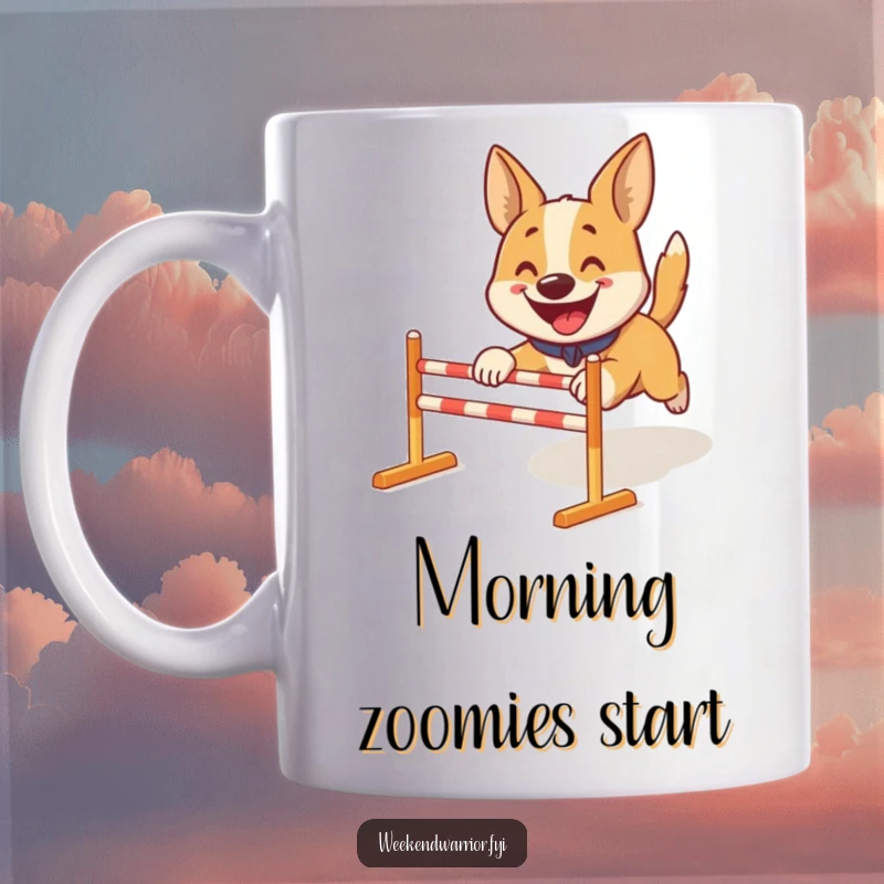 Funny mug: A smiling dog energetically leaps through a miniature obstacle course, showcasing canine athleticism and joy.