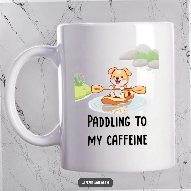 Funny mug depicting an energetic dog enthusiastically paddling in a small stream with a paddle, showcasing canine determination and fun.