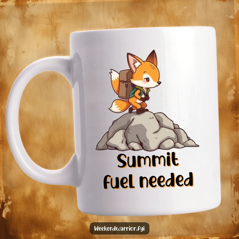 Funny Fox Mug depicts a determined fox with a backpack, successfully climbing a steep rocky outcrop, looking triumphant.