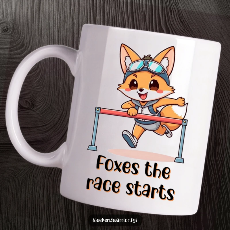 Funny mug featuring a smiling fox in athletic gear dynamically leaping over a hurdle, celebrating fitness.