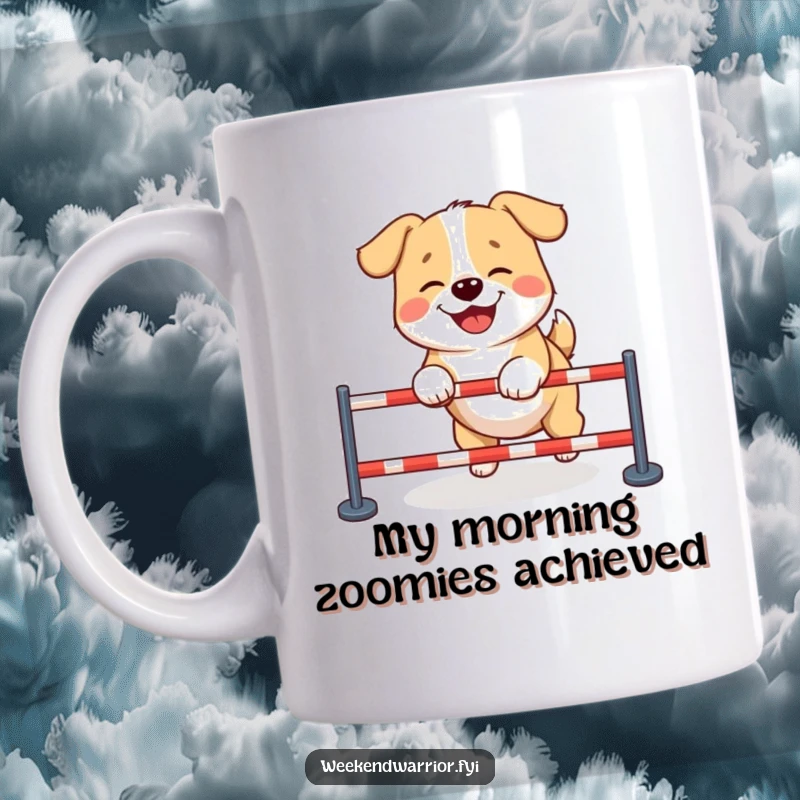 Funny dog mug featuring a happy, giggling dog skillfully completing a miniature obstacle course, showcasing pure joy and determination.