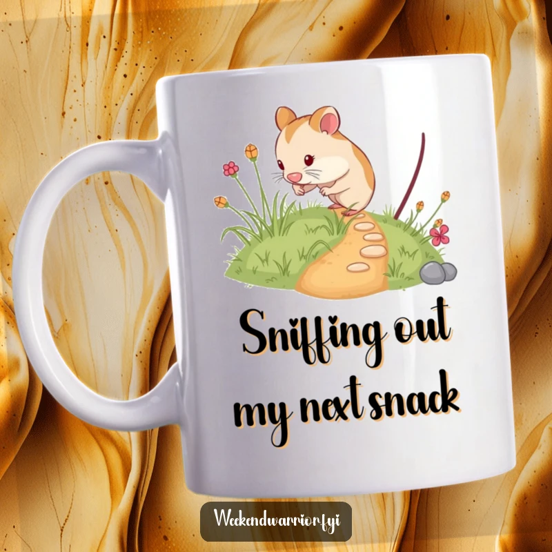 Funny hamster mug showing a curious rodent venturing down a miniature, overgrown path, embodying a spirit of tiny adventure and exploration.