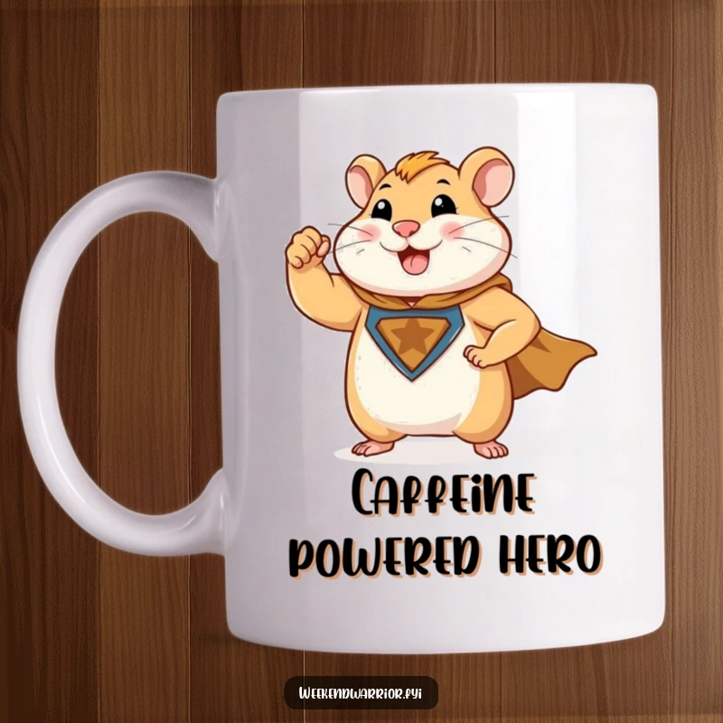 Funny mug featuring a happy, muscular hamster character flexing a tiny bicep, wearing a superhero cape with pride.