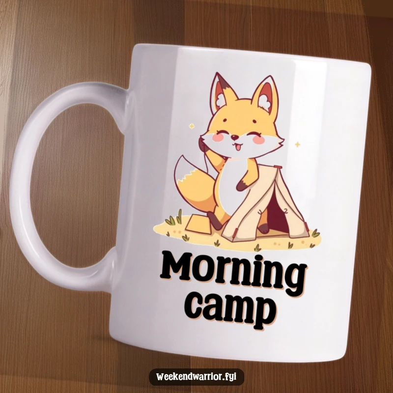 Funny Kawaii Fox Camping Mug: A cute cartoon fox happily plants a small tent, looking proud and cheerful with a determined stride.
