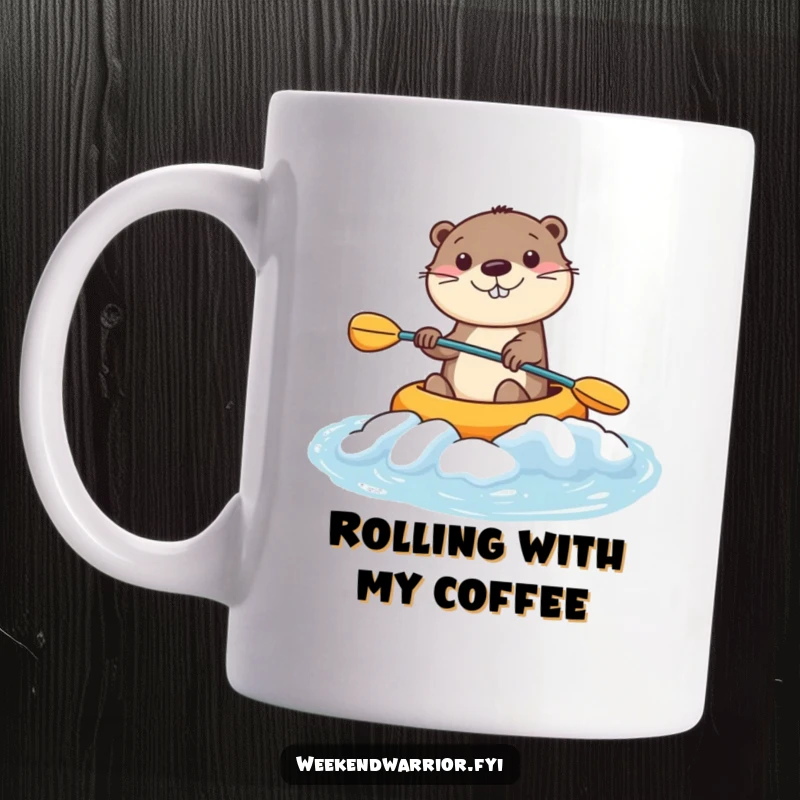 Funny Kawaii Otter Mug featuring a smiling character kayaking down a rapid, conveying pure, joyful fun. Perfect funny gift.