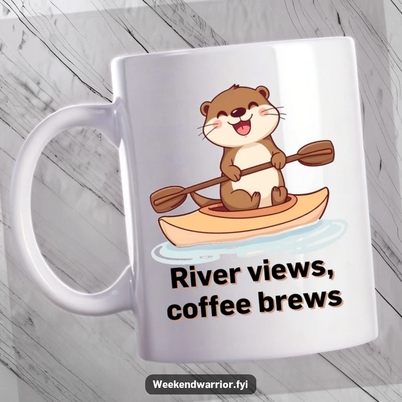 Funny mug featuring a delighted otter balancing expertly on a kayak, paddle in hand, ready for a whimsical journey.