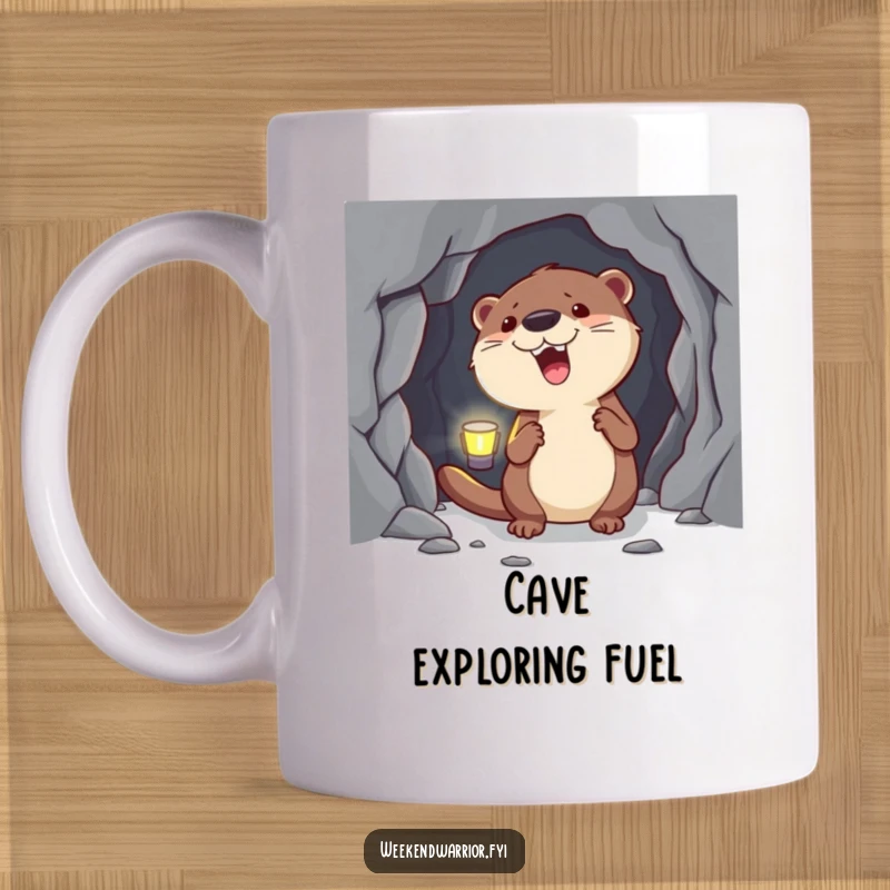 Funny Otter Mug with Headlamp adventuring deep inside a dark cave, showcasing a happy and curious expression.