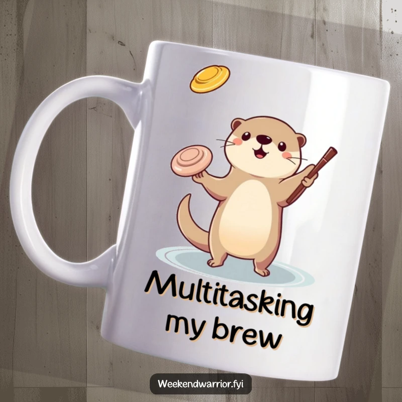 Funny otter juggling mug showing a playful otter skillfully tossing a frisbee and a stick, demonstrating impressive dexterity.