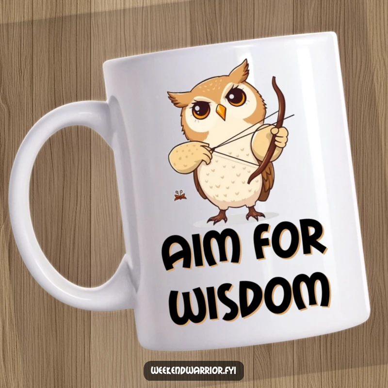 Funny mug depicting a focused owl character practicing archery with a tiny twig bow, showcasing concentration and precision.