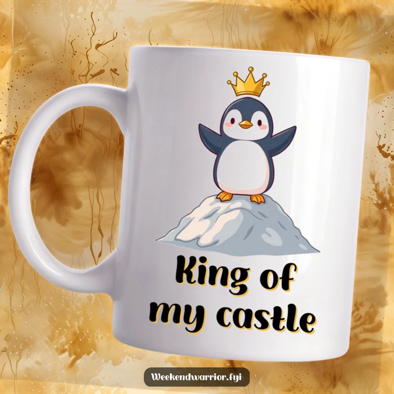 Funny mug featuring a proud penguin standing tall on a snowy hill, surveying its icy domain with a triumphant, regal air.