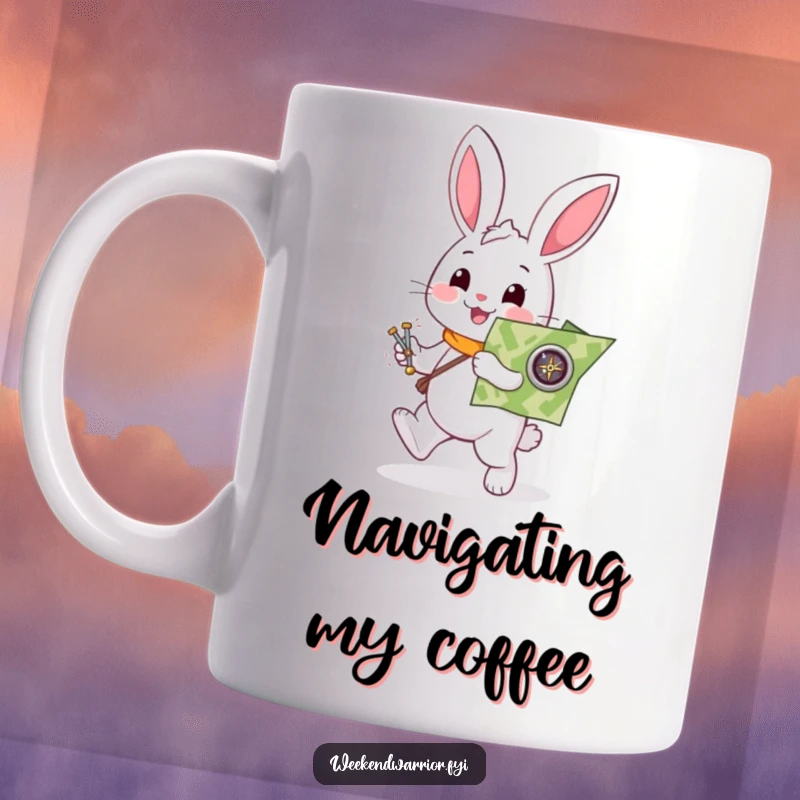 Funny rabbit mug with a helpful white character enthusiastically holding a map and compass, ready for adventure, humorous gift.