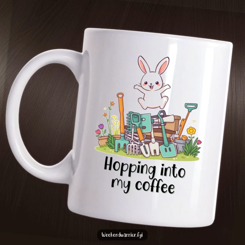Funny mug featuring a determined rabbit character energetically leaping over a large stack of gardening tools.