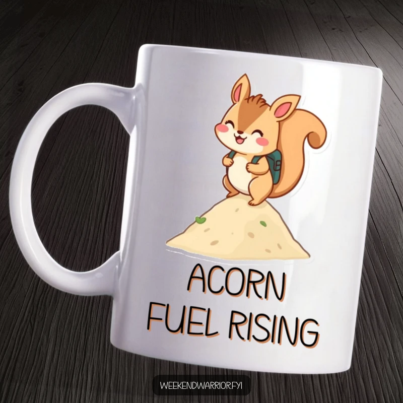 Funny mug: A cheerful squirrel with a backpack happily scaling a small hill, embodying the joy of adventure.