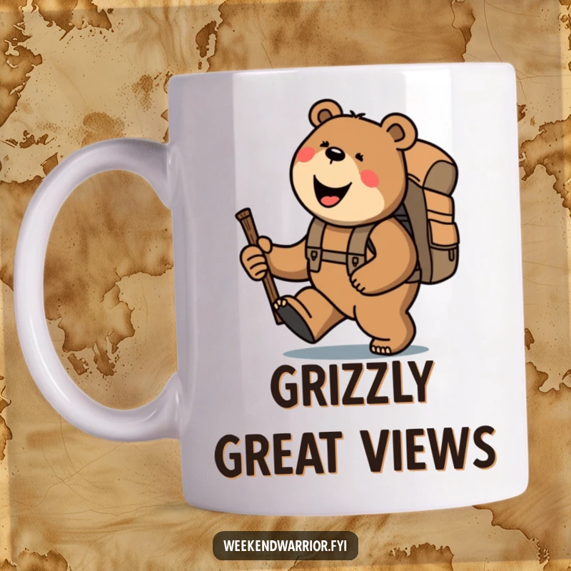 Funny bear with a backpack and stick happily trekking uphill, a perfect humorous gift for outdoor lovers.