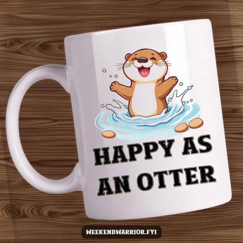 Funny mug showcasing a joyful cartoon otter gleefully splashing in a clear blue stream, radiating pure happiness.