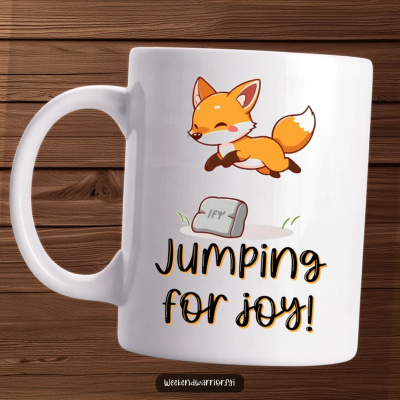 Funny mug depicting a cheerful fox leaping playfully over an obstacle, radiating energy and a happy spirit.