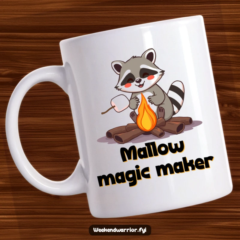 Funny joyful raccoon happily roasting a marshmallow over a campfire, evoking cozy outdoor vibes.