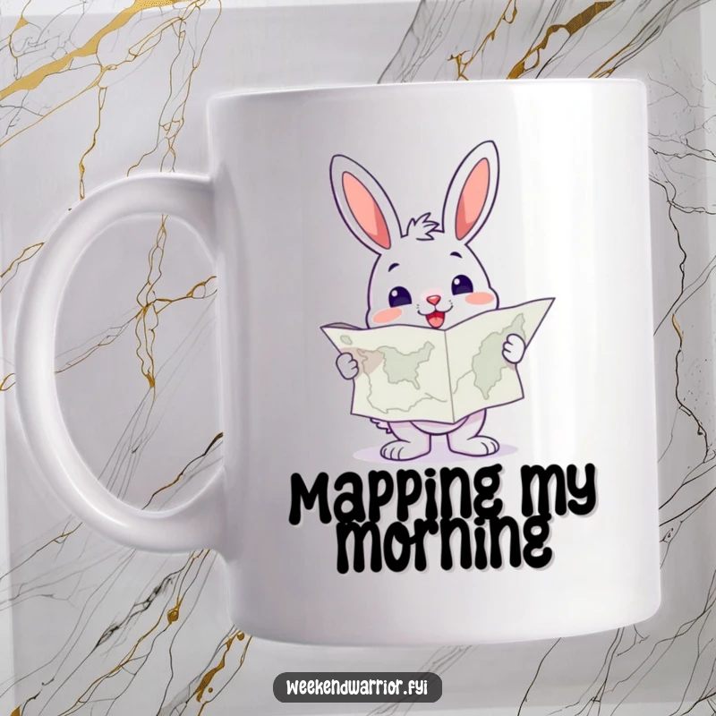 Funny Bunny Mug holding a large map, looking resolute and ready to explore any destination.