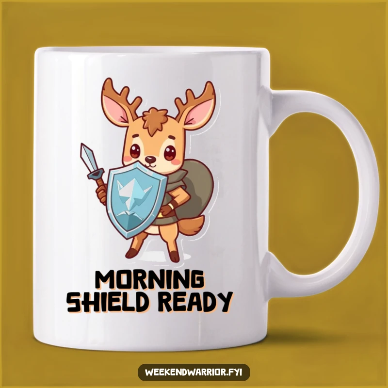 Funny Kawaii Deer Warrior Mug: Brave Hero with Shield and Sword, Perfect Funny Gift