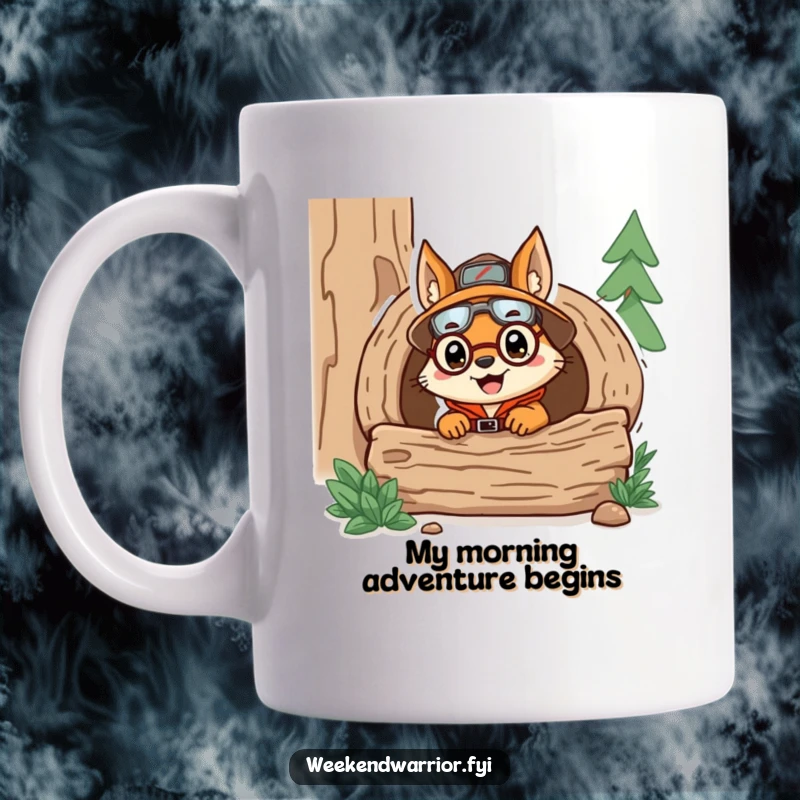 Funny mug with a delighted squirrel explorer in gear peeking out of a log, ready for an adventure, a truly whimsical and funny sight.