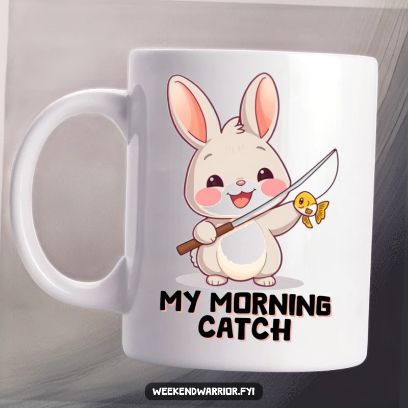 Funny mug featuring a triumphant rabbit holding a fishing rod with a tiny fish, celebrating a successful catch.