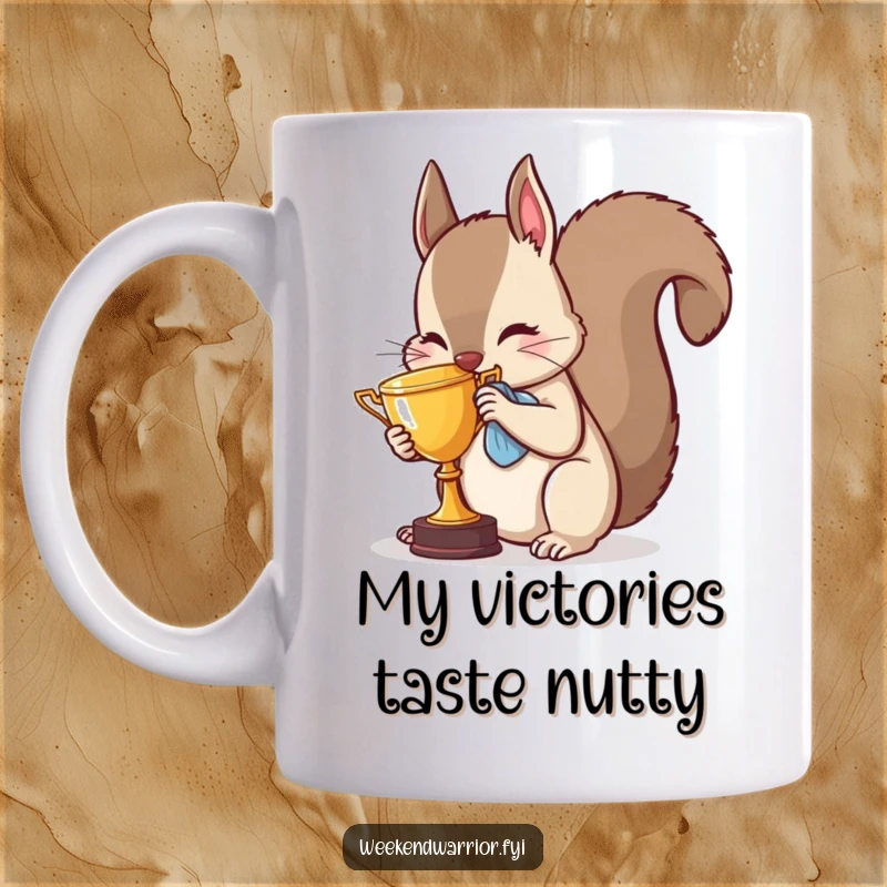Funny squirrel mug celebrating a win, enthusiastically polishing a tiny trophy with a proud and happy expression.