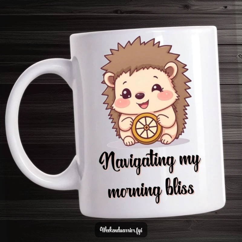 Funny mug of a happy hedgehog using a makeshift compass, symbolizing adventure and finding one's way with a whimsical touch.
