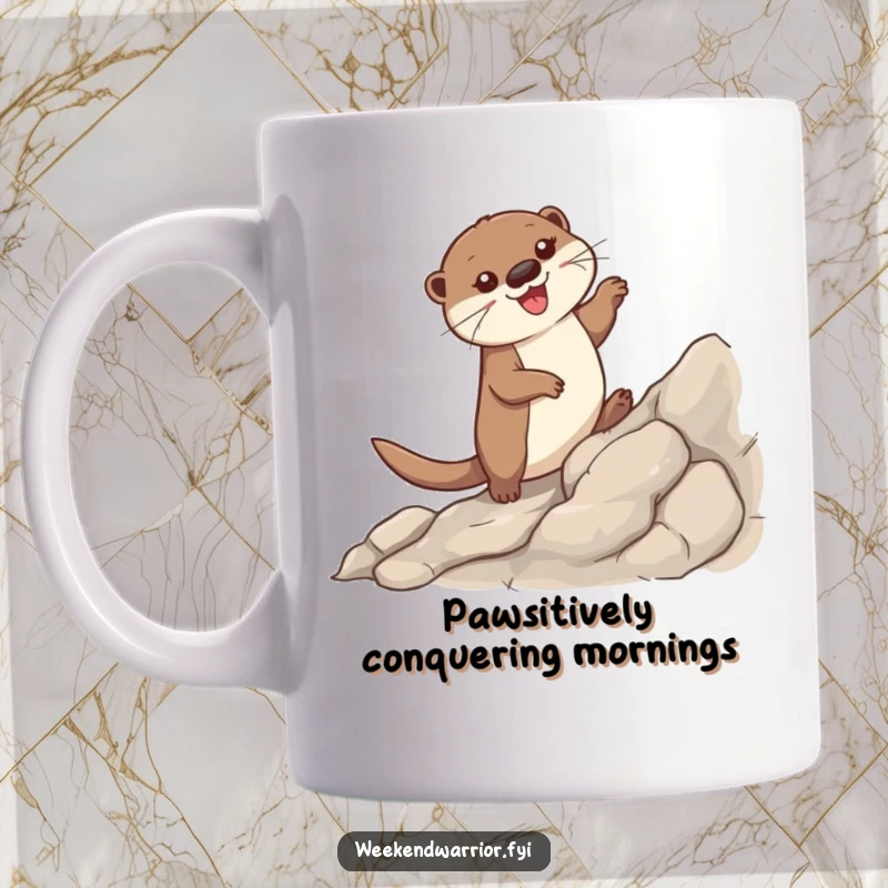 Funny mug featuring a joyful otter scaling a steep, rocky path with enthusiastic paws and a look of pure delight.