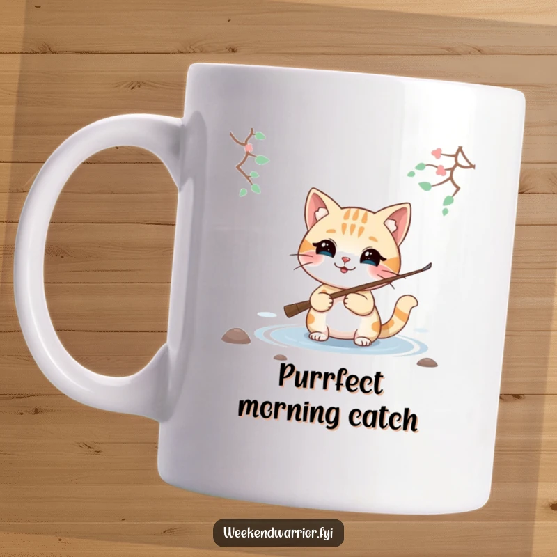 Funny mug featuring a smiling cat character happily holding a fishing rod by a tranquil lake, enjoying a peaceful day.