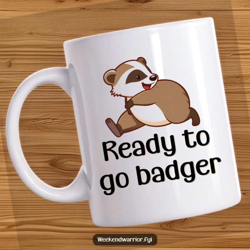 Funny mug featuring a playful badger doing a pre-jog stretch, looking determined yet slightly clumsy, perfect for coffee lovers.