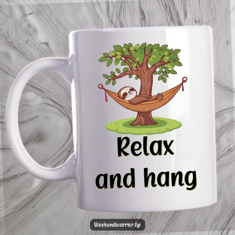 Funny mug featuring a content sloth relaxing in a hammock under a tree, conveying ultimate chill and laid-back vibes.