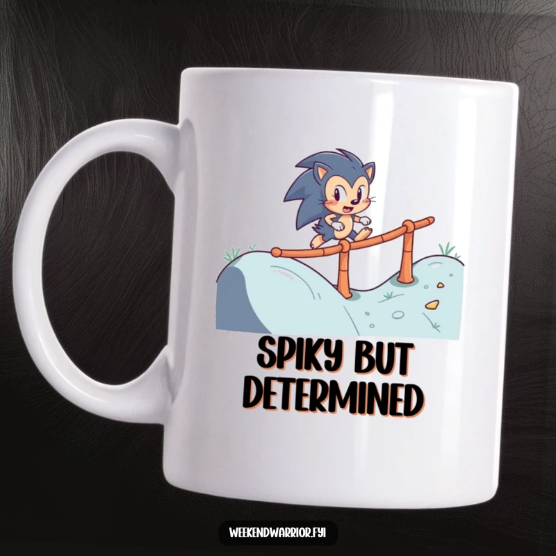 Funny mug showing a determined hedgehog character skillfully navigating a winding obstacle course with focus and agility.