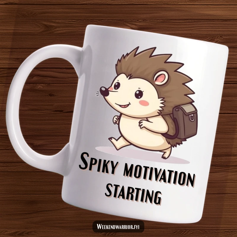 Funny mug showcasing a happy hedgehog wearing a backpack, marching forward with resolute determination, ready for any journey.
