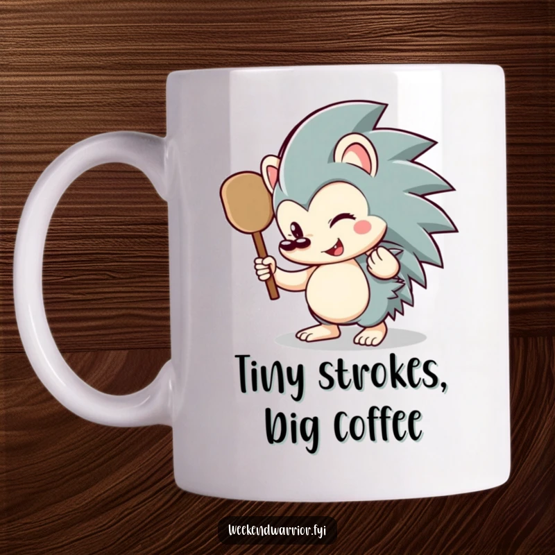 Funny hedgehog mug with a cheerful hedgehog character holding a tiny paddle, ready for adventure, perfect for gift giving.