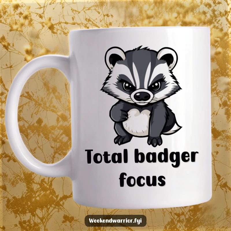 Funny mug featuring a determined cartoon badger with a focused expression, ready to conquer the day with gusto.