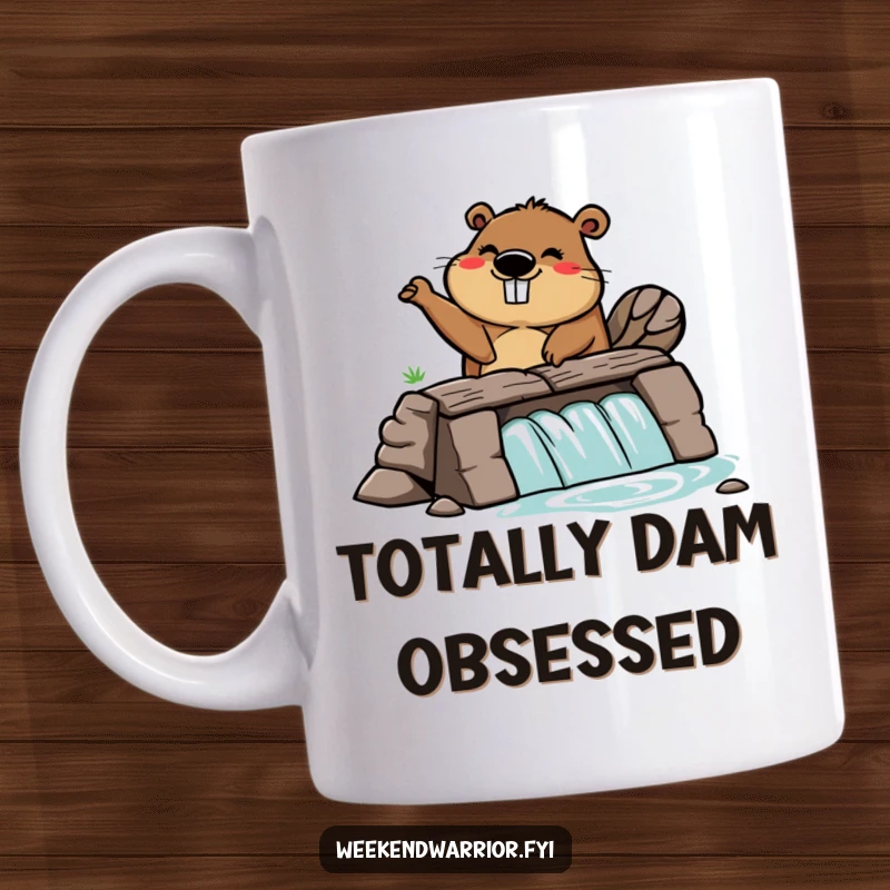 Funny mug featuring a silly cartoon beaver enthusiastically building a dam, symbolizing hard work and playful construction.