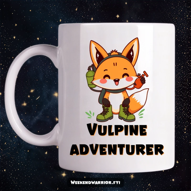 Funny fox wearing hiking boots and carrying a canteen, cheering for an outdoor adventure.
