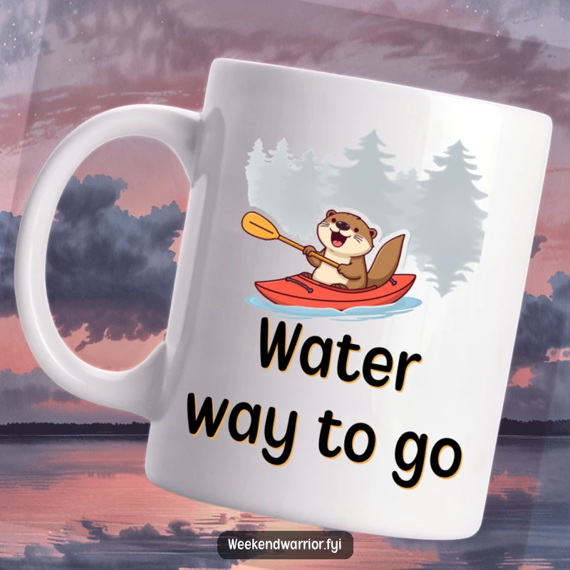 Funny excited otter in a kayak, happily paddling with a paddle, ready for water fun.
