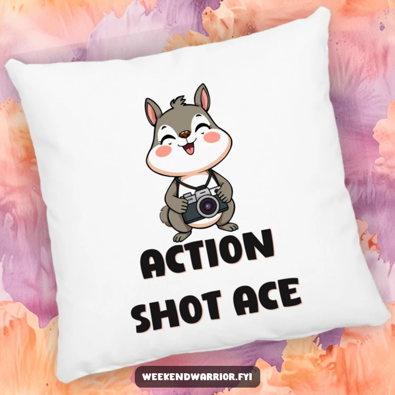 Funny, energetic squirrel with a camera around its neck, featured on a soft pillow.