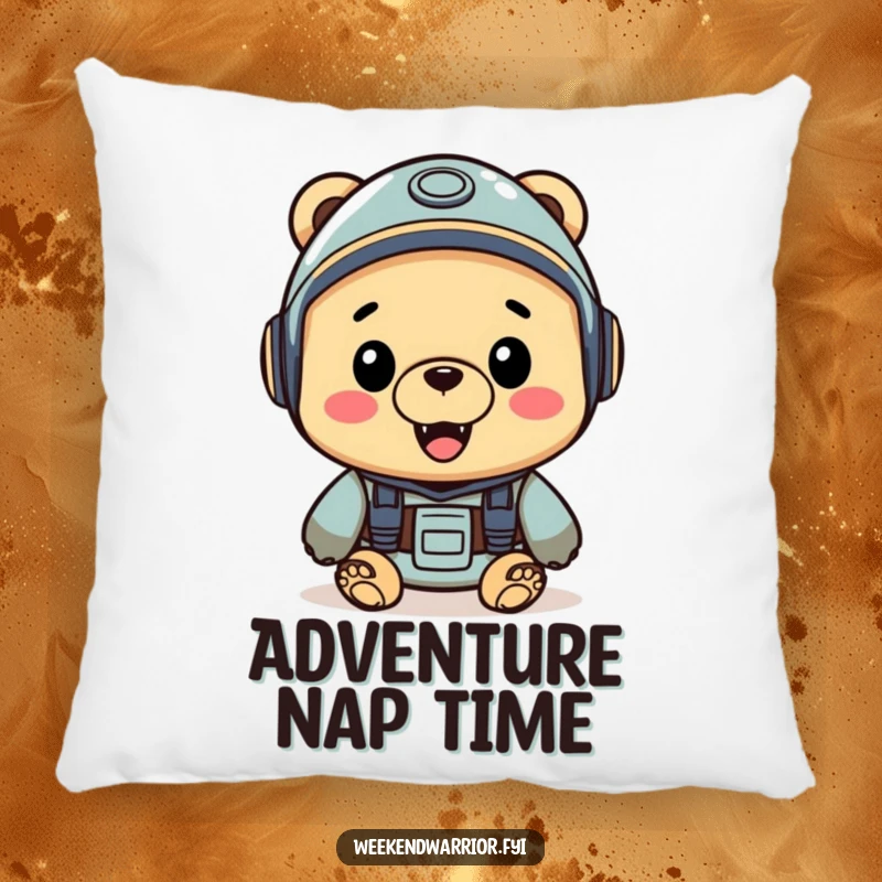 Funny pillow featuring a cheerful bear wearing a helmet, looking ready for exciting journeys, perfect for a cozy nook.