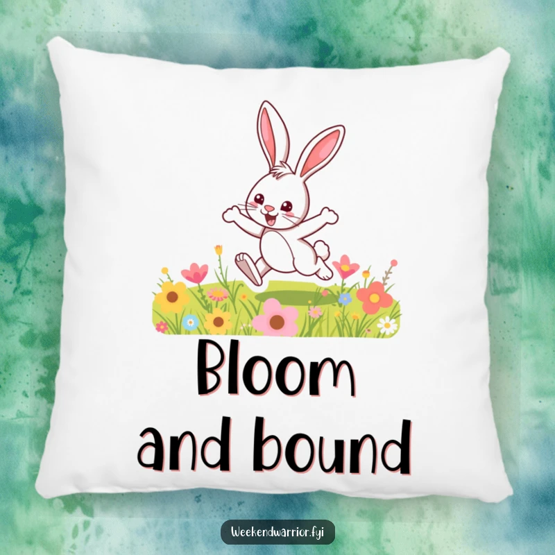 Funny pillow featuring a cute cartoon bunny joyfully hopping through a colorful meadow, bringing cozy, spring humor.