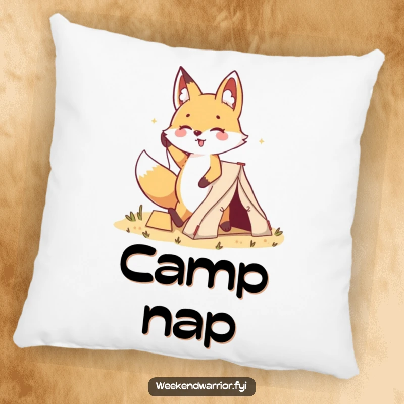 Funny Kawaii Fox Pillow: A plush cartoon fox is depicted triumphantly planting a small tent, its cheerful demeanor conveying outdoor fun and accomplishment.