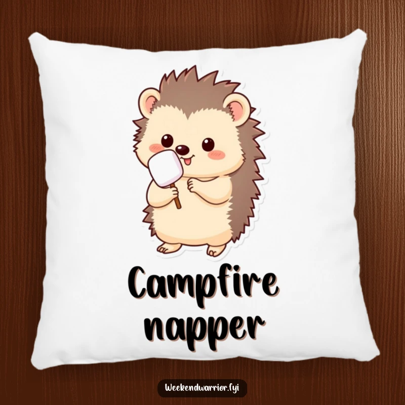 Funny kawaii hedgehog pillow, holding a marshmallow on a stick, ready to roast, soft and huggable.