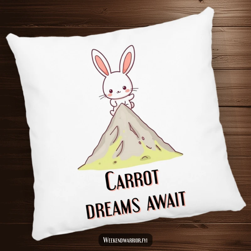 Funny Kawaii rabbit pillow featuring a happy hiking character reaching a mountain peak, perfect for comfort and inspirational vibes.