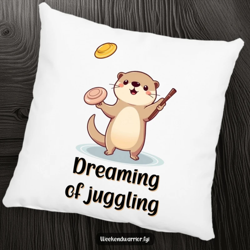 Funny otter juggling pillow featuring a playful otter tossing a frisbee and a stick, adding a touch of skill and comfort.