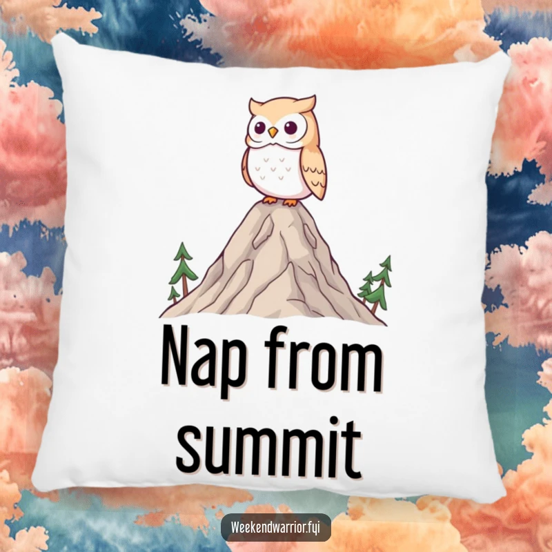 Funny Kawaii owl pillow, a wise owl surveying a landscape from a tiny mountain, a soft and peaceful accent.