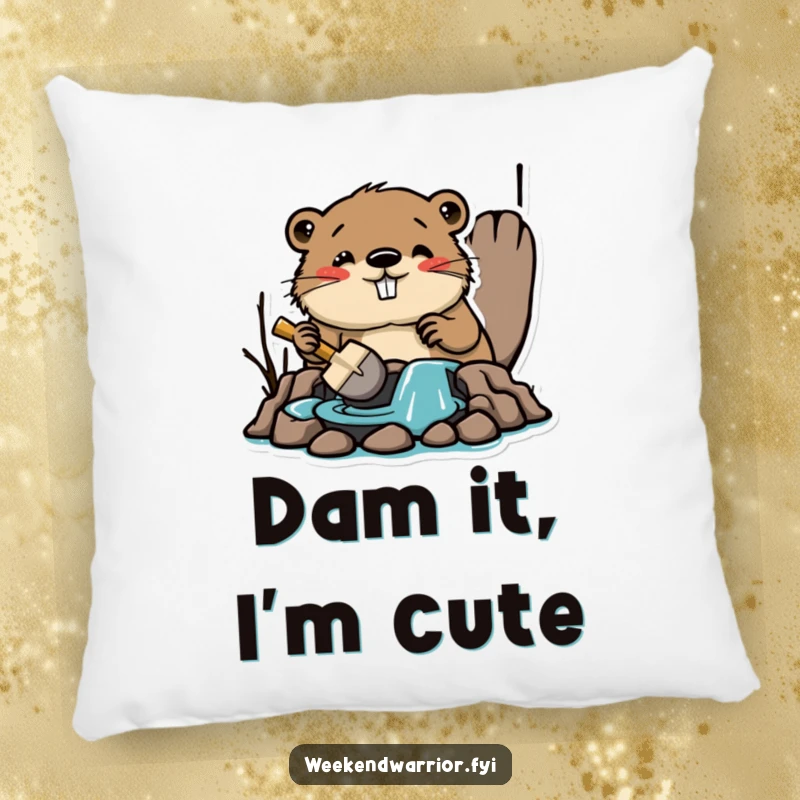 Funny pillow with an amused beaver building a dam with a tiny shovel, embodying industrious comfort and humorous dedication.